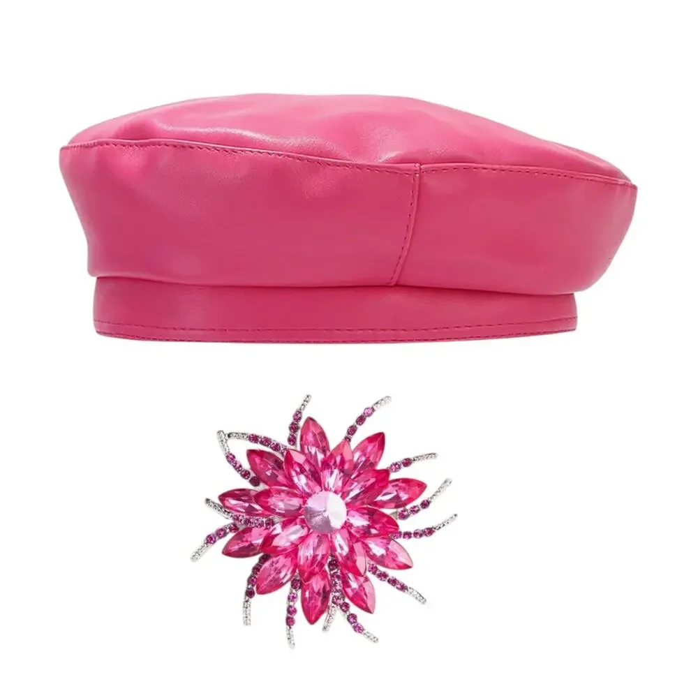 NEW Faux Leather Beret Hat Womens Hot Pink Detachable Crystal Brooch Pin 56-58cm